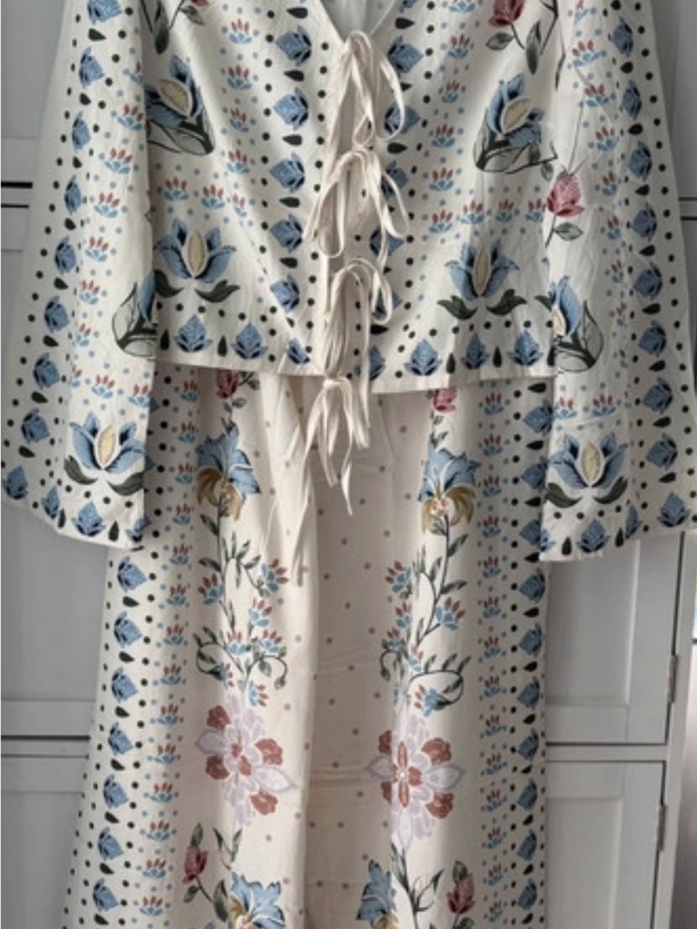 Boho Cream Floral Tie-Front Pantsuit with Blue and Pink Embroidery